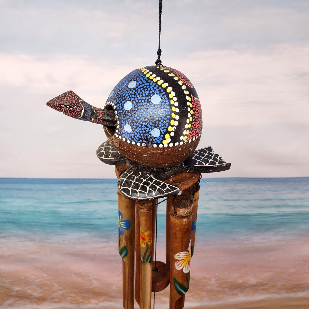 Painted Coconut Sea Turtle Bamboo Wind Chime Red Dot B GRADE (1 chime approx. 30 x 5 inches) Painted Sea Turtle Chime for patio decor!