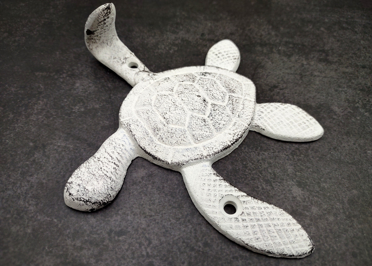 Cast Iron Antique White Sea Turtle Wall Hook (1 cast iron hook approx. 6+ inches) Functional Sea Turtle Wall Hanger for coastal home decor!
