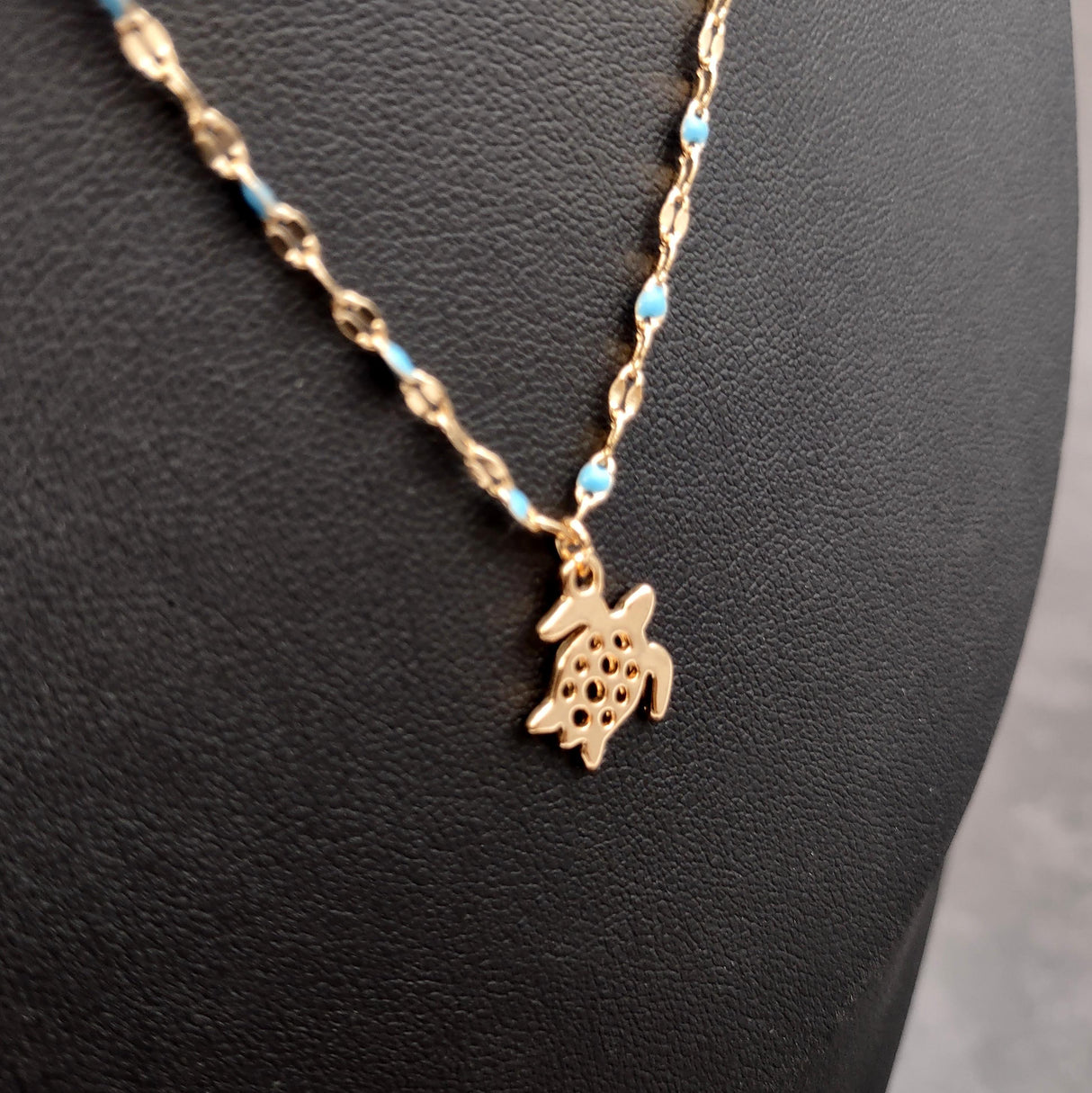 Sea Turtle Necklace Blue Gold Color (1 necklace approx. 16+ inches AROUND) Gold Tone Light Blue Sea Turtle charm necklace for gifting!