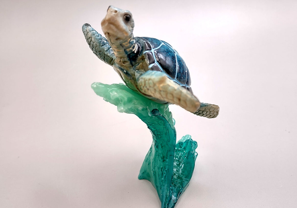Blue Sea Turtle Figurine on Wave Painted Resin (1 turtle approx. 5+ inches) Blue Painted Resin Turtle on Wave for coastal home décor!