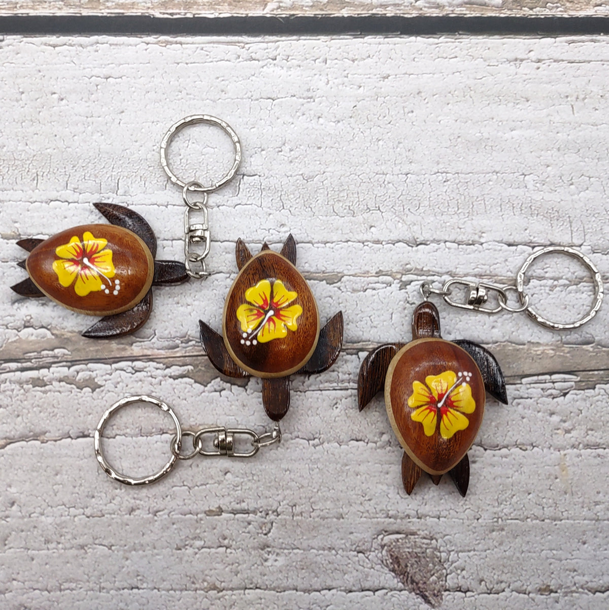 Yellow Hibiscus Painted Wooden Sea Turtle Keychain (1 key fob approx. 4.25+ inches) Wooden Sea Turtle Keychain for gifting or party favors!