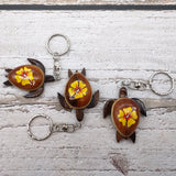 Yellow Hibiscus Painted Wooden Sea Turtle Keychain (1 key fob approx. 4.25+ inches) Wooden Sea Turtle Keychain for gifting or party favors!