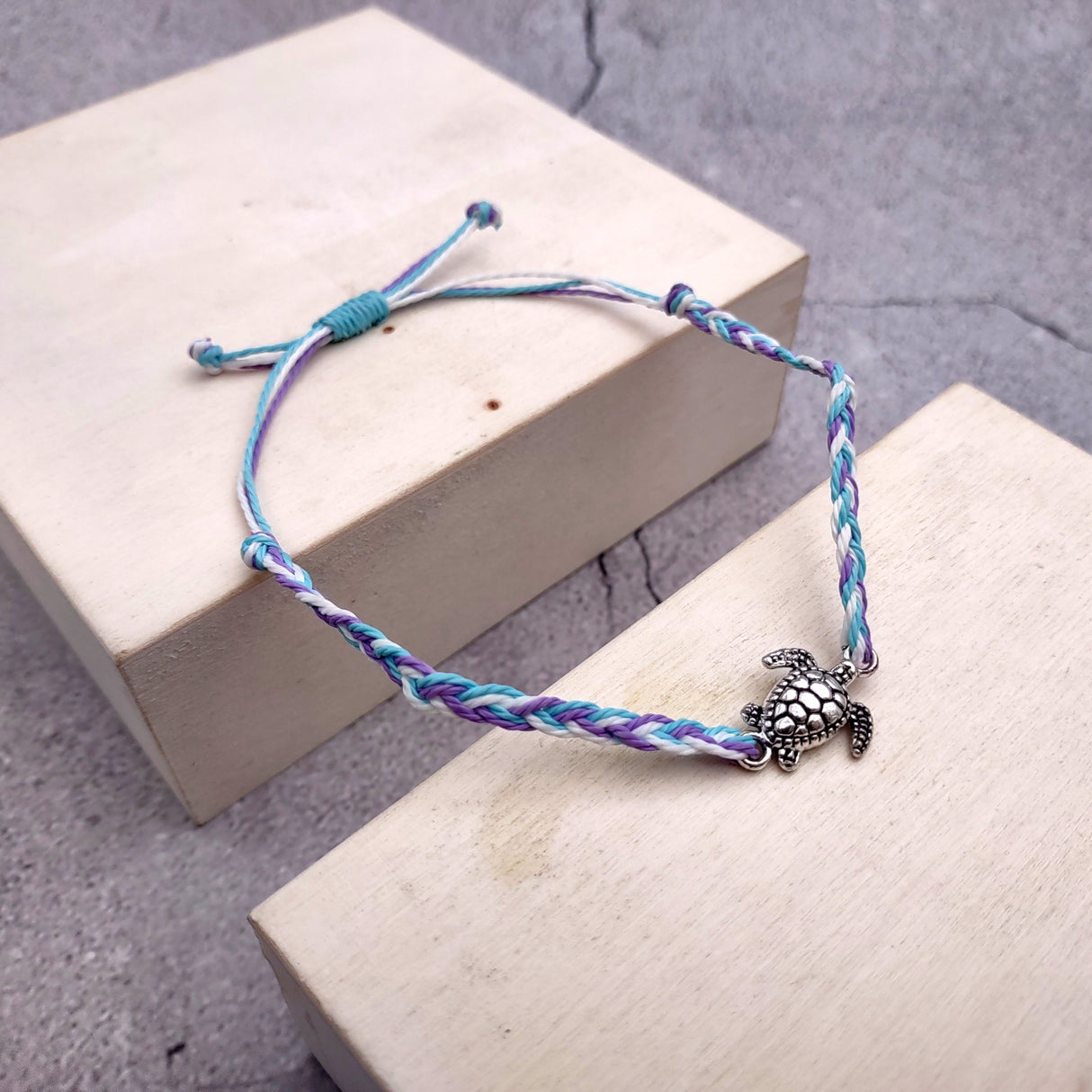 Sea Turtle Bracelet Braided Cord Light Blue Purple White (approx. 5-7+ inches AROUND) Blue Purple String Sea Turtle Bracelet to gift!