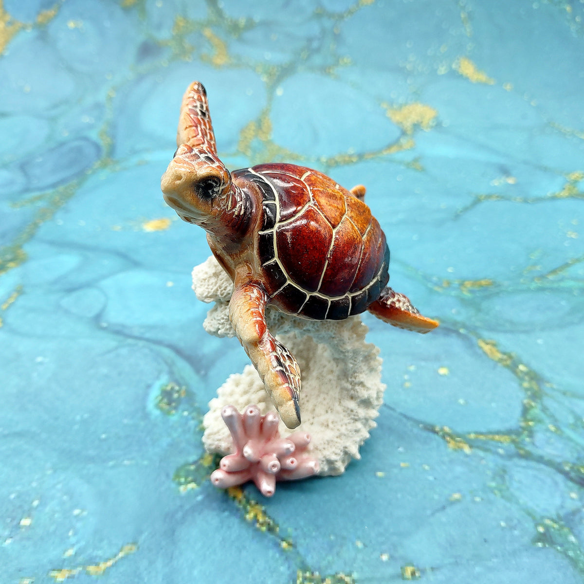Red Orange Turtle Painted Resin Figurine on Coral (1 turtle approx. 5+ inches) Red Painted Resin Turtle Figure for coastal home decor!