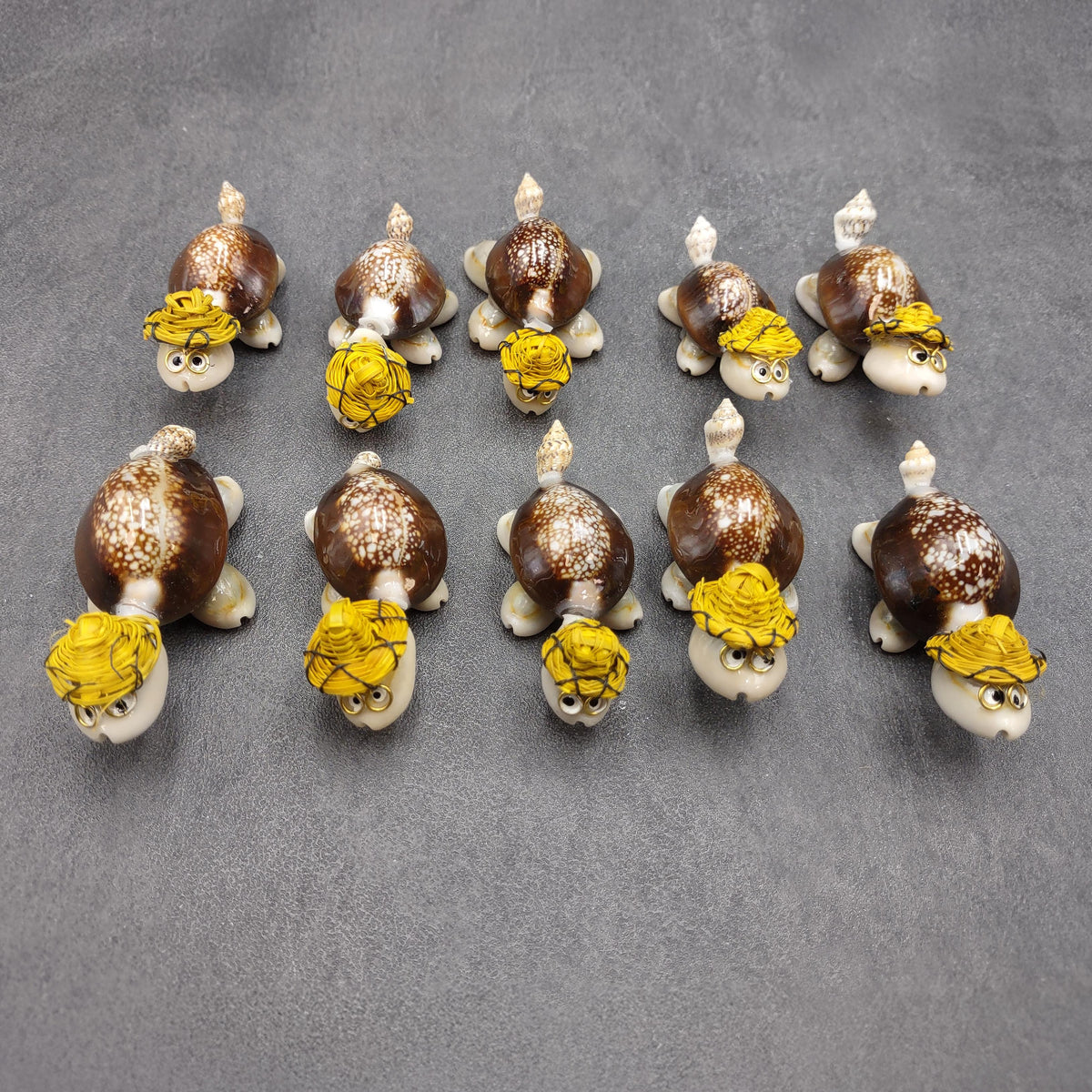 Cowrie Shell Sea Turtle Figurines Yellow Hat (3 figures approx. 2+ inches) Cute Cowrie Seashell Sea Turtles for gifts decor & display!