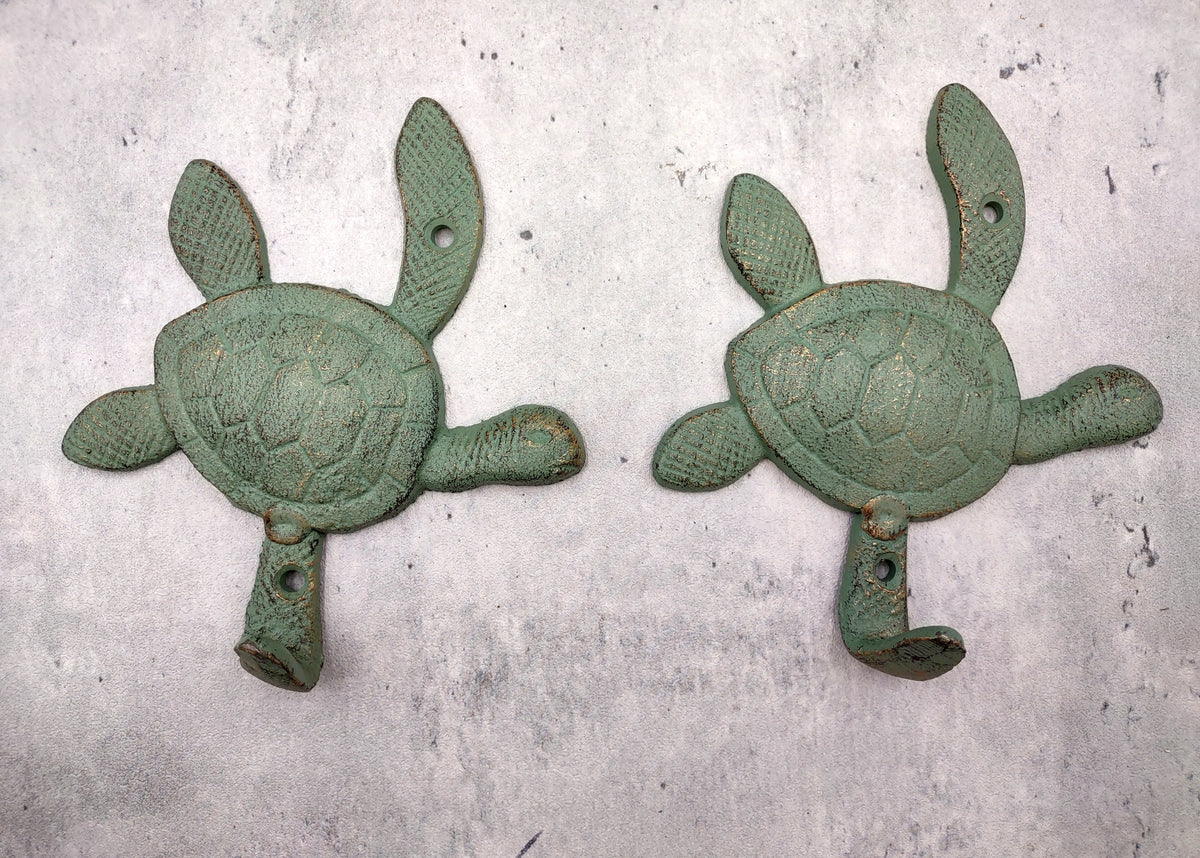 Cast Iron Green Patina Sea Turtle Wall Hook (1 cast iron hook approx. 6+ inches) Verdigris Sea Turtle Wall Hanger for coastal home decor!