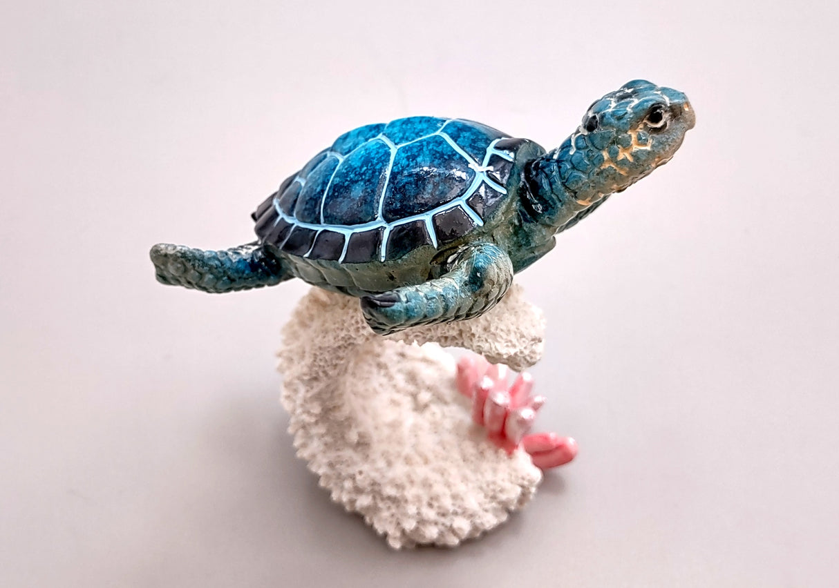 Blue Sea Turtle Figurine on Coral Painted Resin (1 turtle approx. 5+ inches) Blue Painted Resin Turtle on Coral for coastal home décor!