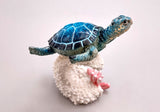 Blue Sea Turtle Figurine on Coral Painted Resin (1 turtle approx. 5+ inches) Blue Painted Resin Turtle on Coral for coastal home décor!