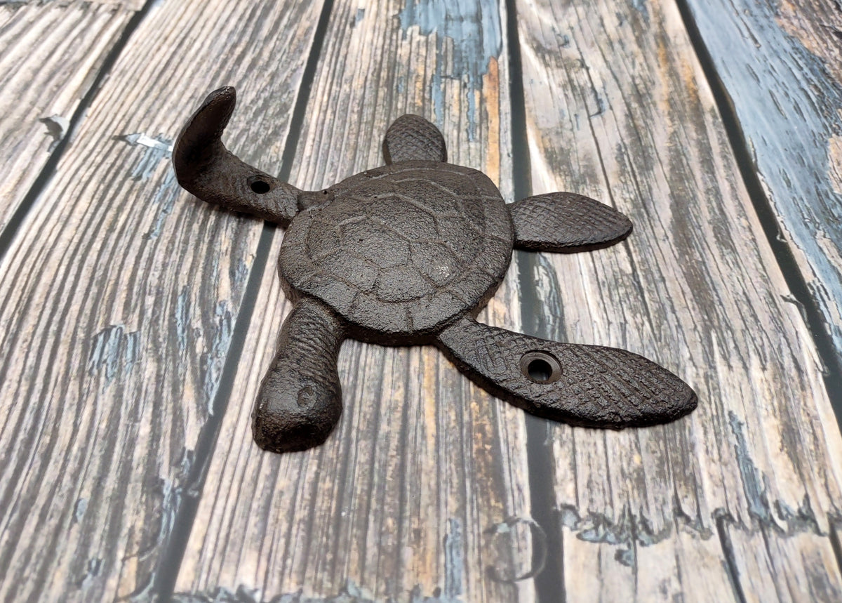 Dark Rust Cast Iron Sea Turtle Wall Hook (1 cast iron hook approx. 6+ inches) Dark Patina Sea Turtle Wall Hanger for coastal home decor!