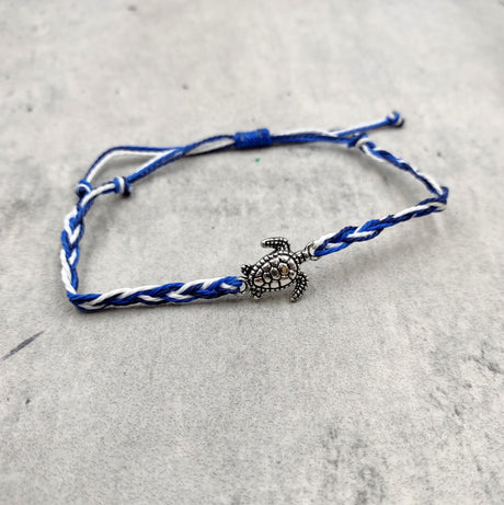 Sea Turtle Bracelet Braided Cord Navy Blue White (approx. 5-7+ inches AROUND) Navy Royal Blue White Knit String Sea Turtle Bracelet to gift!