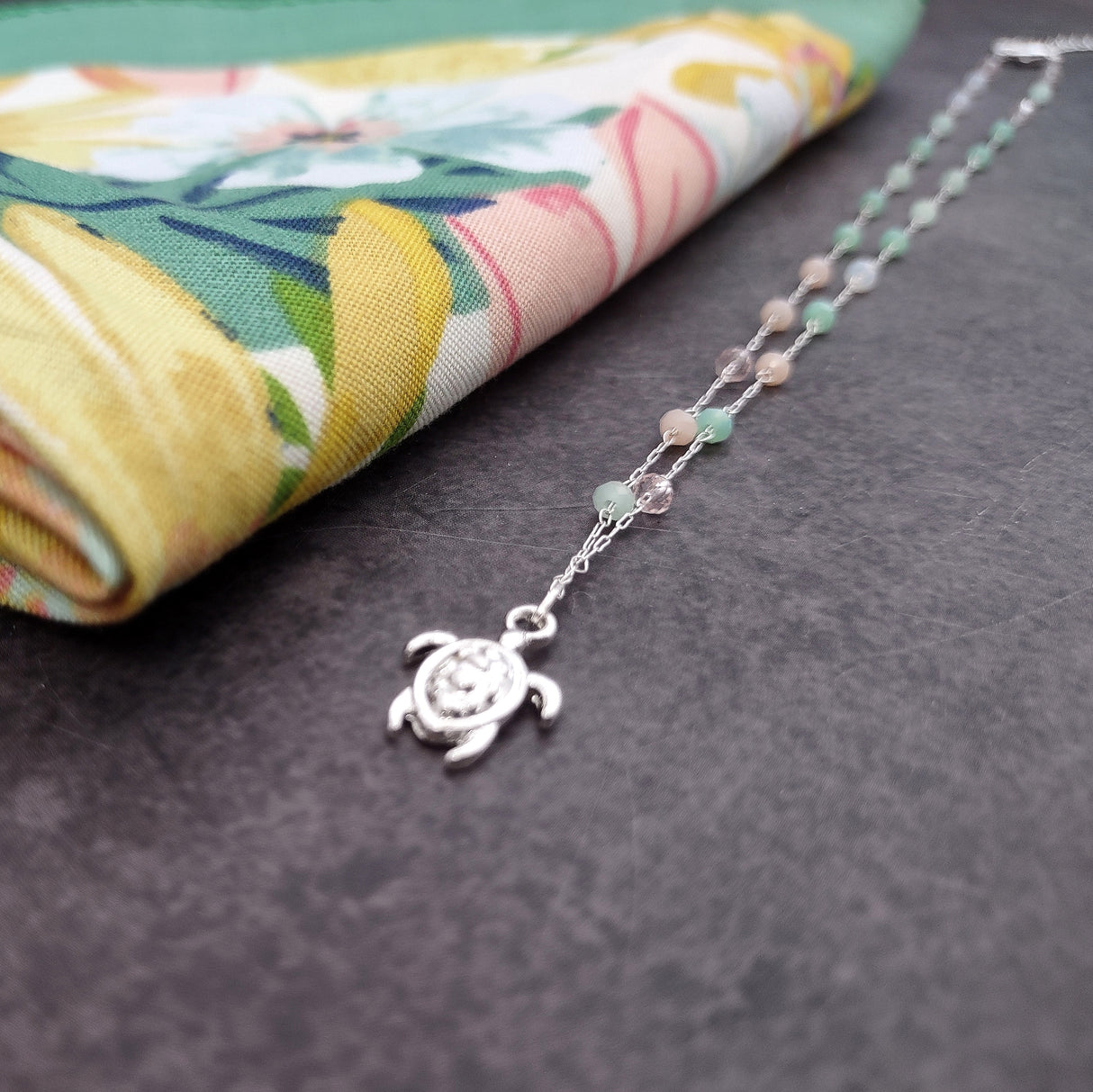Sea Turtle Charm Necklace Delicate Green Peach White Beads (approx. 14+ inches AROUND) Silver Sea Turtle Necklace great for gifting!
