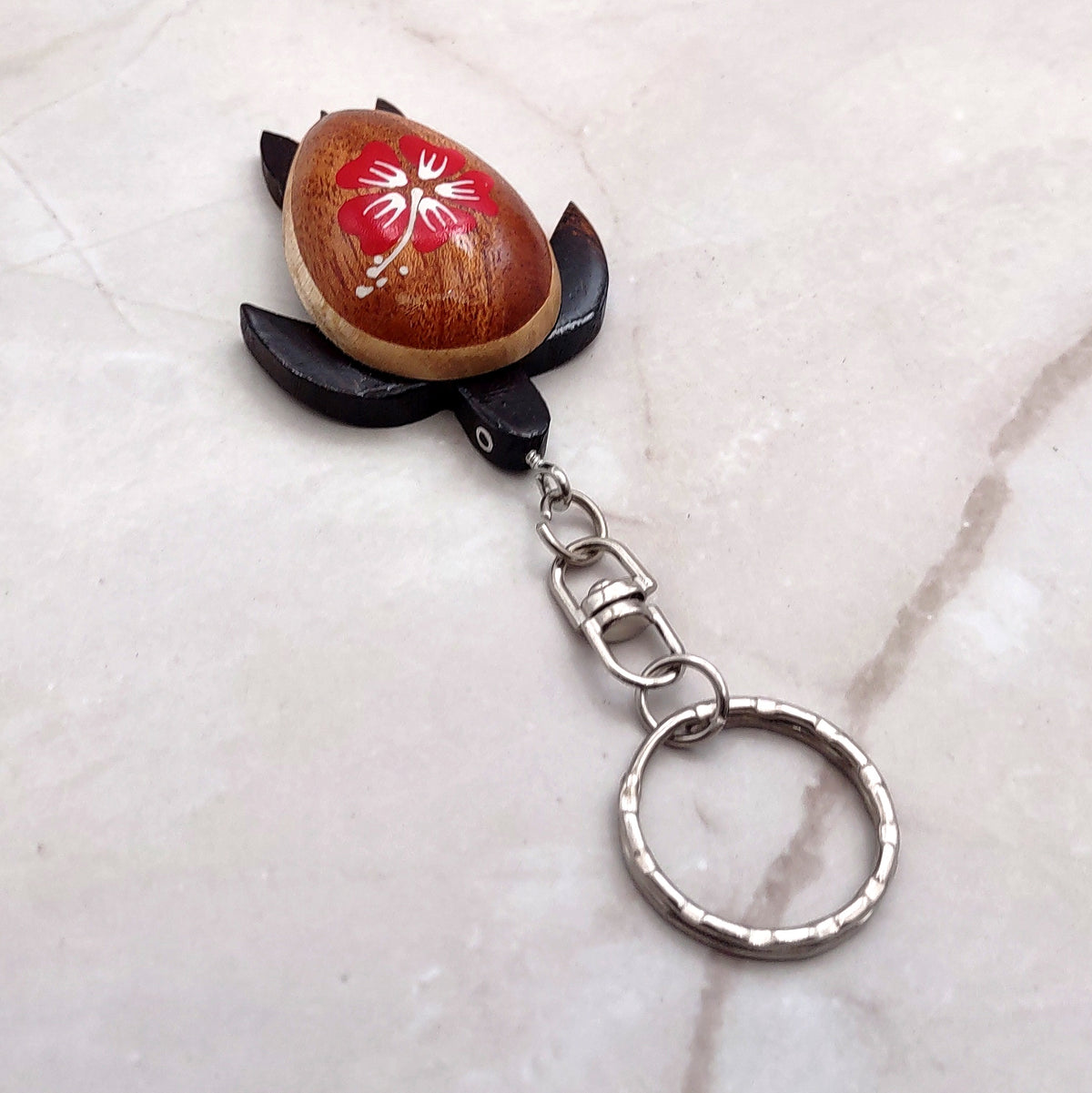 Red Hibiscus Painted Wooden Sea Turtle Keychain (1 keychain approx. 4.25+ inches) Wooden Sea Turtle Key Fob for gifting or party favors!