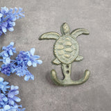 Cast Iron Sea Turtle Wall Hooks Green Gold Patina (1 metal hook approx. 4.75+ inches) Green Sea Turtle Double Wall Hook for coastal decor!