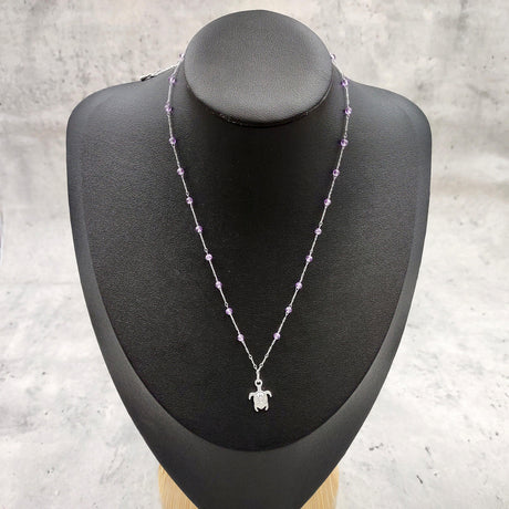 Sea Turtle Charm Necklace Delicate Purple Beads Silver Color (approx. 14+ inches AROUND) Violet Silver Sea Turtle Chain for resort wear!