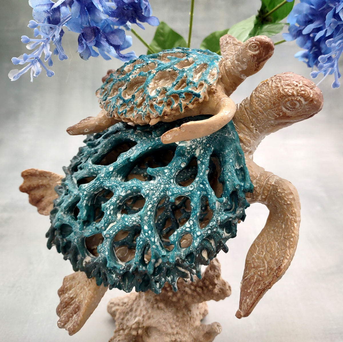 Sea Blue Mom & Baby Sea Turtles on Coral Figure (1 figure approx. 8+ inches tall) Blue Grey Sea Turtle Pair Figure for coastal home decor!