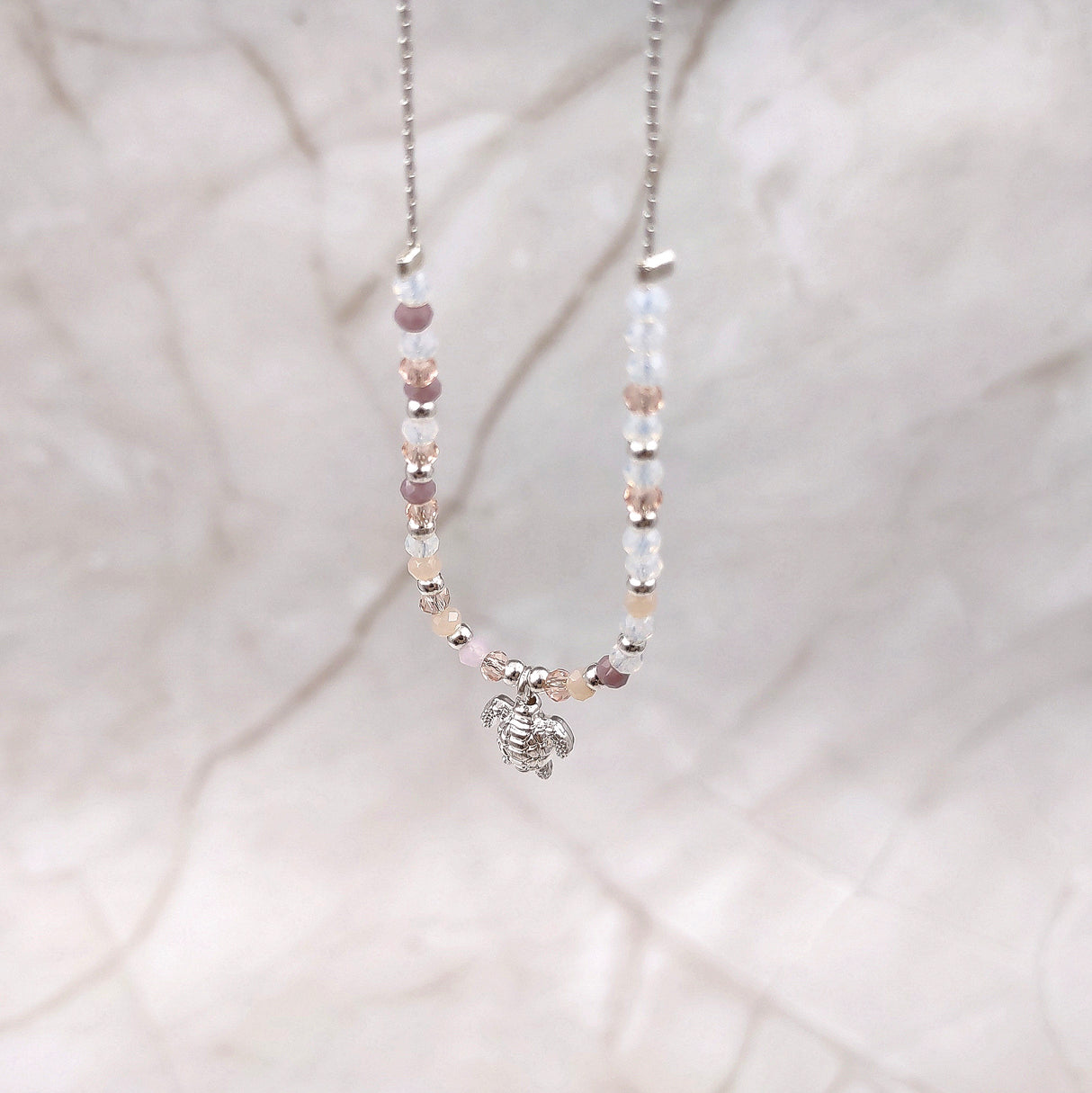 Sea Turtle Charm Necklace Pink Peach White Beads Silver Color (approx. 14+ inches AROUND) Sea Turtle Necklace Jewelry for seaside wear!