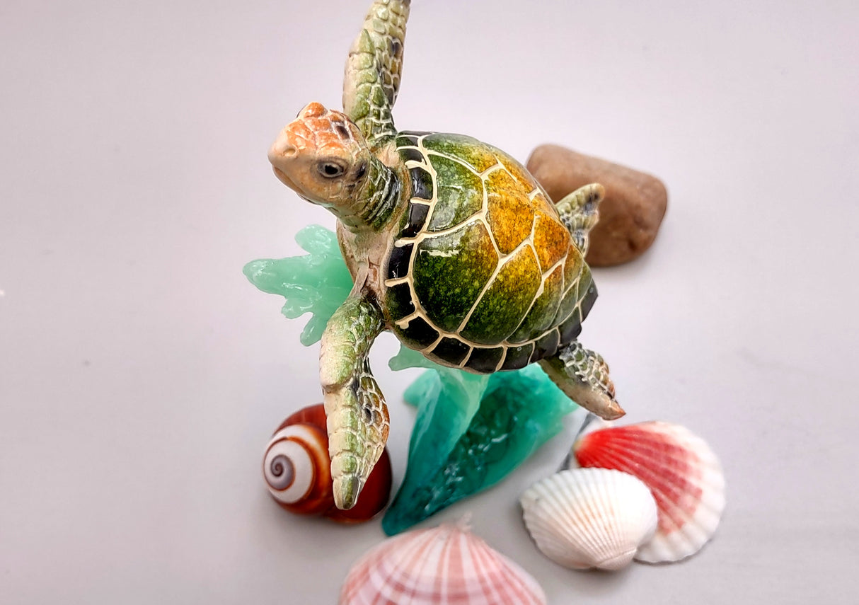 Green Sea Turtle Figurine Riding A Wave (One figure approx. 5+ inches long) Wonderful sea life décor for your home or office!