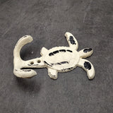 Cast Iron Sea Turtle Wall Hooks White Distressed (1 metal hook approx. 4.75+ inches) White Sea Turtle Double Wall Hook for coastal decor!