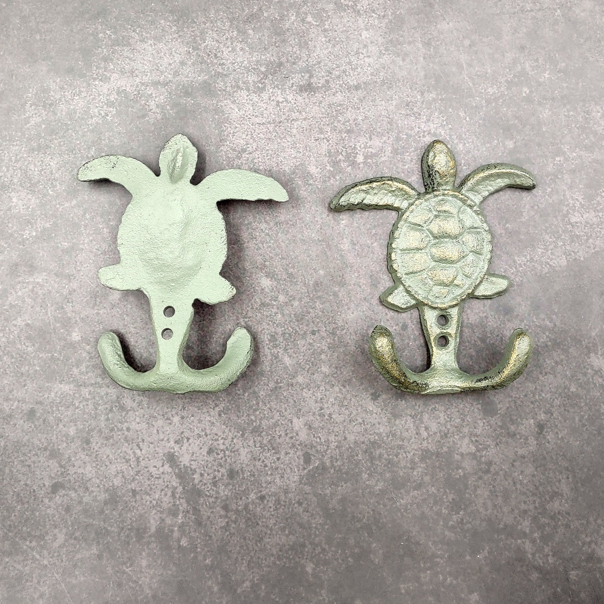 Cast Iron Sea Turtle Wall Hooks Green Gold Patina (1 metal hook approx. 4.75+ inches) Green Sea Turtle Double Wall Hook for coastal decor!