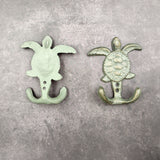 Cast Iron Sea Turtle Wall Hooks Green Gold Patina (1 metal hook approx. 4.75+ inches) Green Sea Turtle Double Wall Hook for coastal decor!