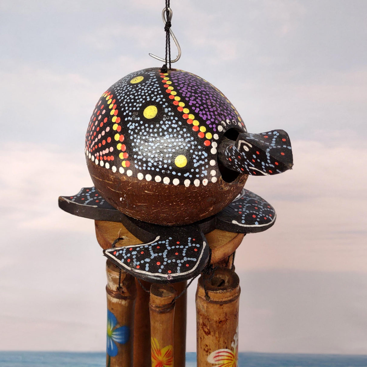 Painted Coconut Sea Turtle Bamboo Windchime Blue Dot (1 chime approx. 30 x 5 inches) Hanging Painted Sea Turtle Chime for patio decor!