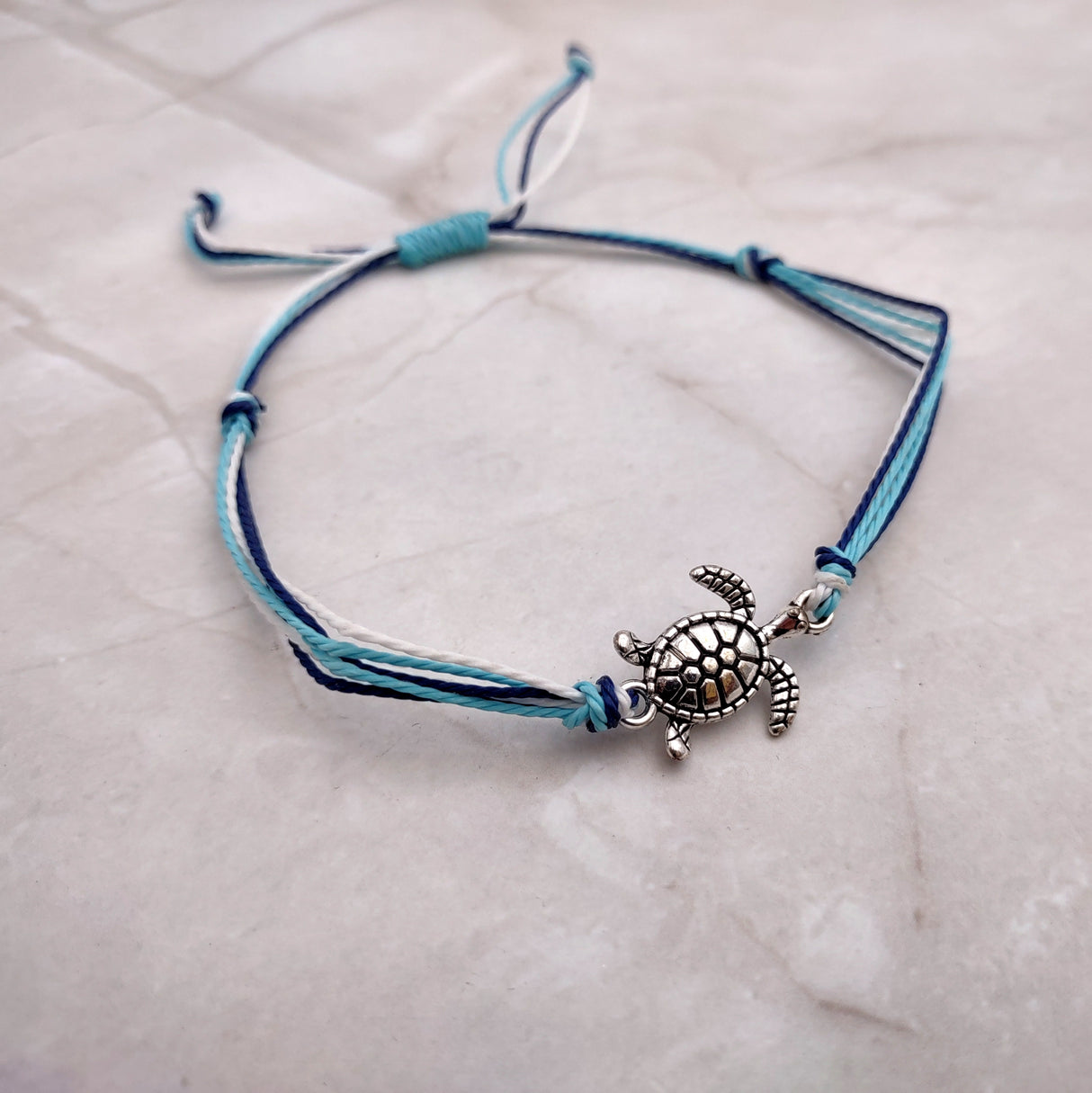 Sea Turtle Charm Bracelet Dark and Light Blue White Cord (approx. 5-7+ inches AROUND) Navy and Baby Blue Sea Turtle String Bracelet to gift!