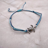 Sea Turtle Charm Bracelet Dark and Light Blue White Cord (approx. 5-7+ inches AROUND) Navy and Baby Blue Sea Turtle String Bracelet to gift!