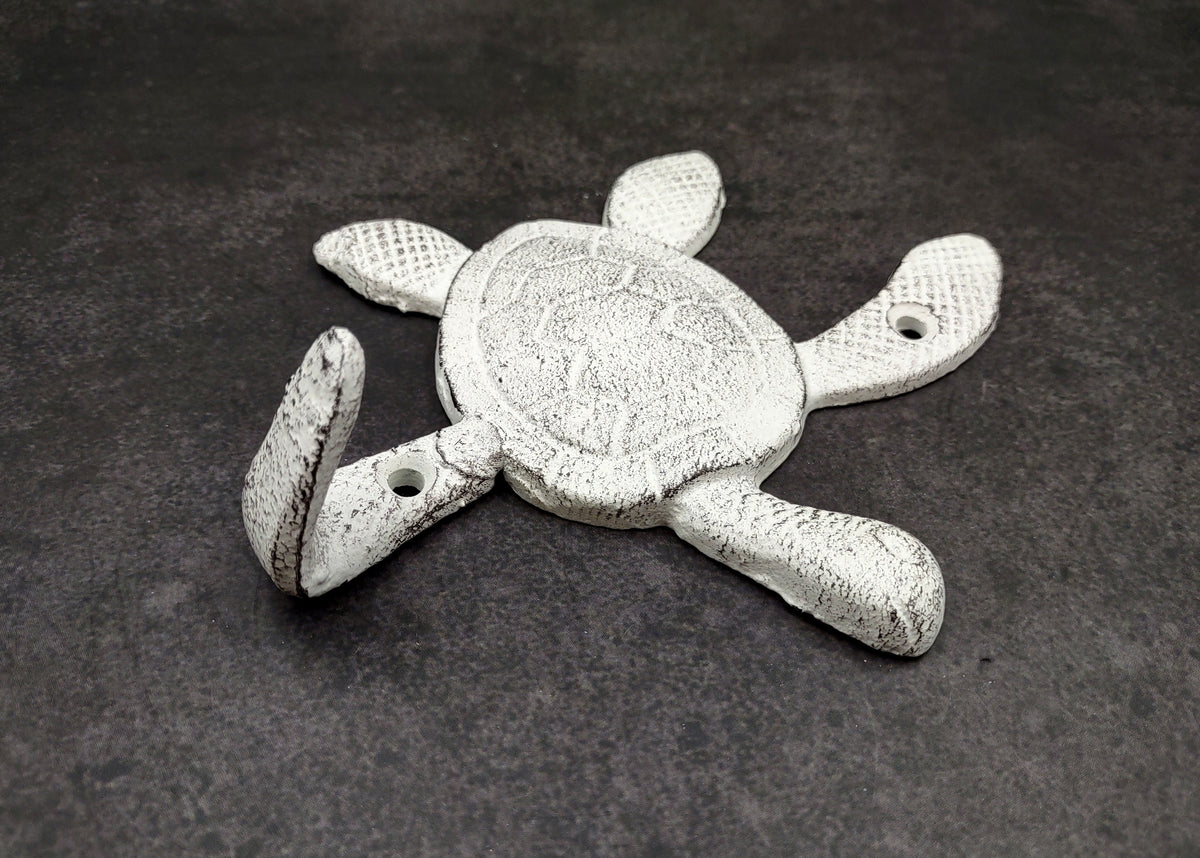 Cast Iron Antique White Sea Turtle Wall Hook (1 cast iron hook approx. 6+ inches) Functional Sea Turtle Wall Hanger for coastal home decor!