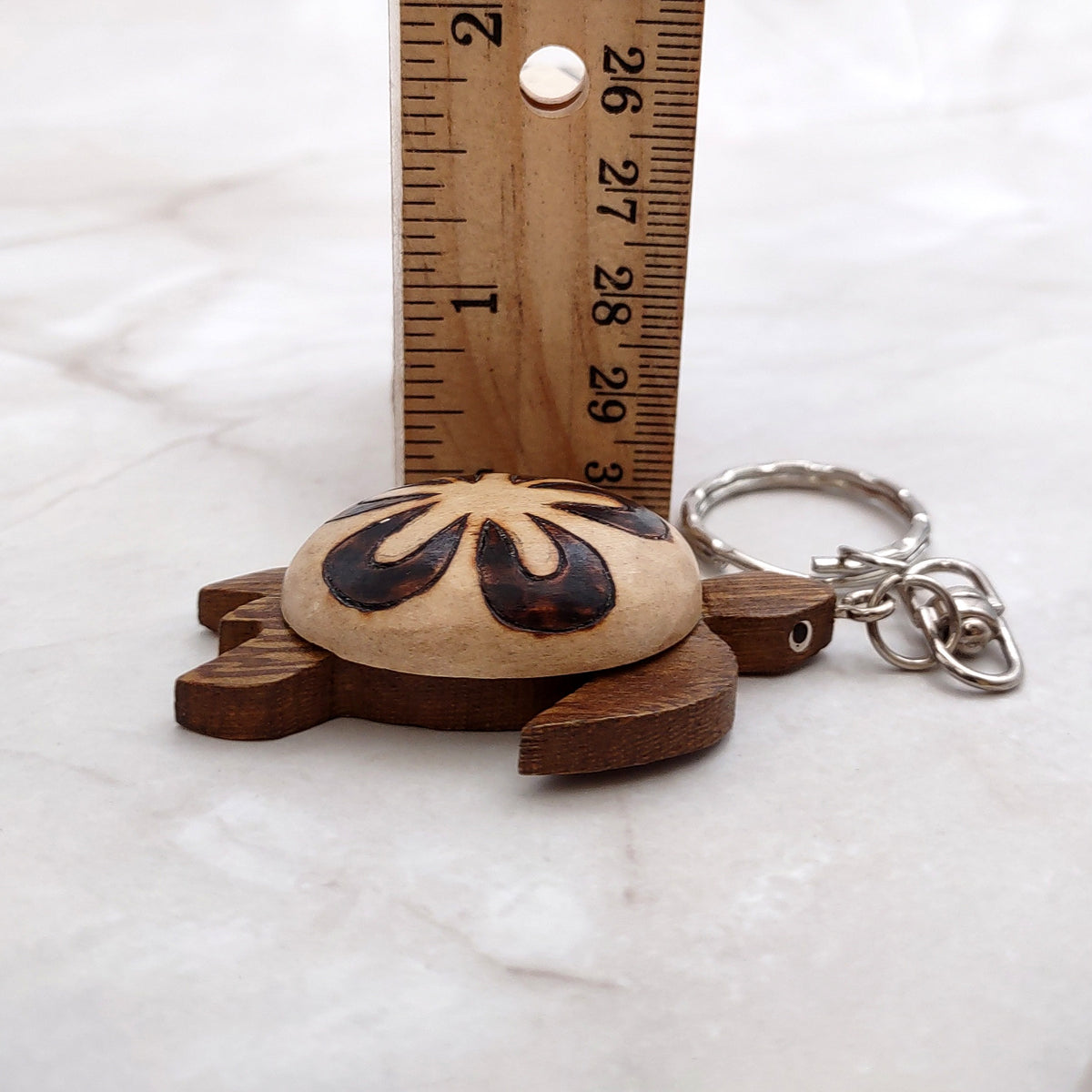 Natural Wood Plumeria Sea Turtle Keychain (1 key chain approx. 4+ inches) Wooden Pattern Sea Turtle Key Fob for gifting or decorative charm!
