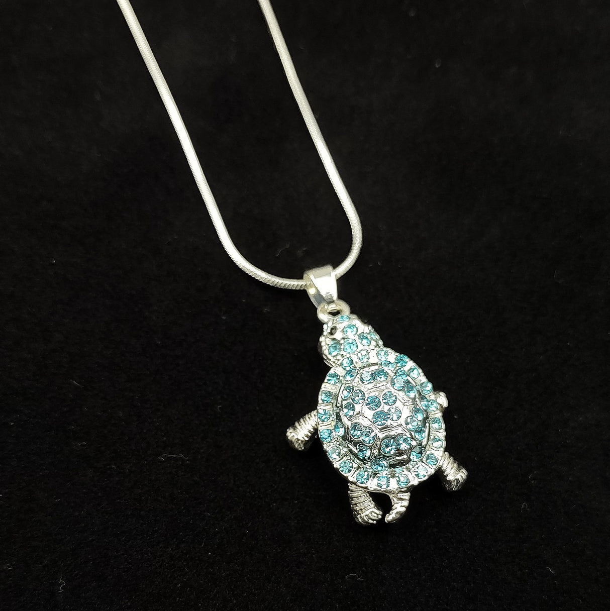 Aqua Rhinestone Sea Turtle Pendant Necklace (approx. 16+ inches AROUND) Teal Sea Turtle Jewelry a gift for ocean & sea turtle enthusiast!