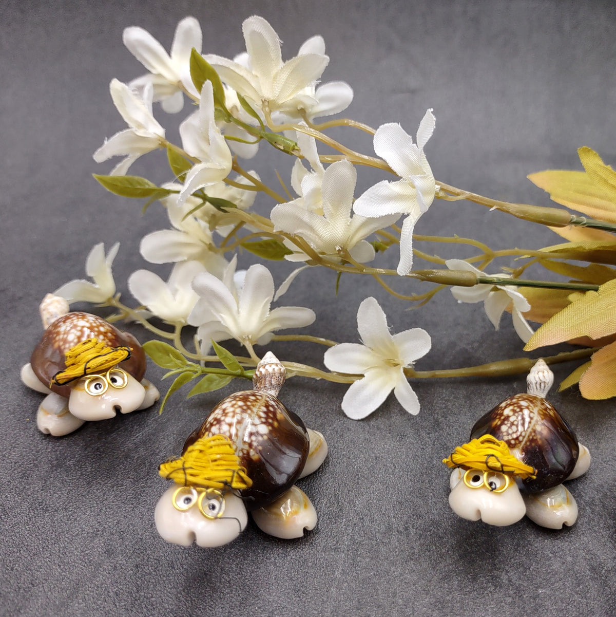 Cowrie Shell Sea Turtle Figurines Yellow Hat (3 figures approx. 2+ inches) Cute Cowrie Seashell Sea Turtles for gifts decor & display!