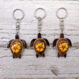 Yellow Hibiscus Painted Wooden Sea Turtle Keychain (1 key fob approx. 4.25+ inches) Wooden Sea Turtle Keychain for gifting or party favors!