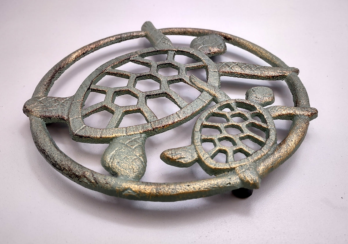 Sea Turtle Trivet Cast Iron Green Gold Weathered Hot Pad (1 trivet approx. 7 inches) Green Sea Turtle Pair Trivet for coastal dining table!
