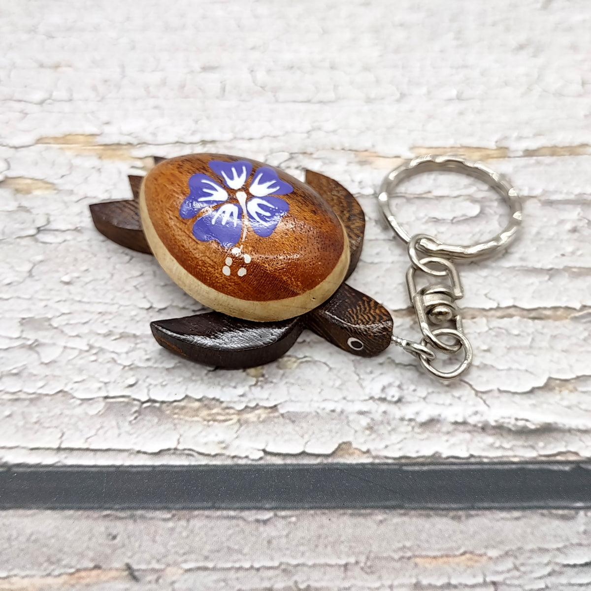Purple Hibiscus Painted Wooden Sea Turtle Keychain (1 keychain approx. 4.25+ inches) Wooden Sea Turtle Key Fob for gifting or party favors!