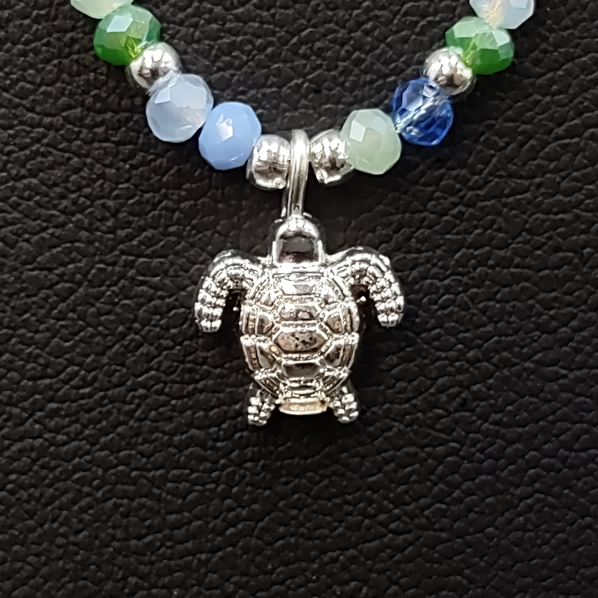 Sea Turtle Charm Necklace Blue Green White Beads Silver Color (approx. 14+ inches AROUND) Sea Turtle Necklace Jewelry for seaside wear!