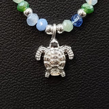 Sea Turtle Charm Necklace Blue Green White Beads Silver Color (approx. 14+ inches AROUND) Sea Turtle Necklace Jewelry for seaside wear!