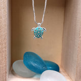 Silver Tone Sea Turtle Pendant Necklace Turquoise Shell with Crystal Accents (approx 16 inches AROUND) Aqua Silver charm for any look.